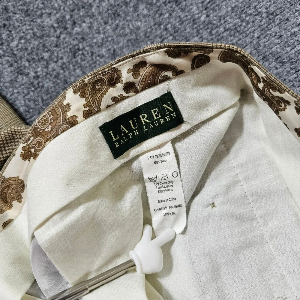 Lauren Ralph Lauren Mens Tan Plaid Wool Pleated Cuffed Trousers 35x30 Act 31x29